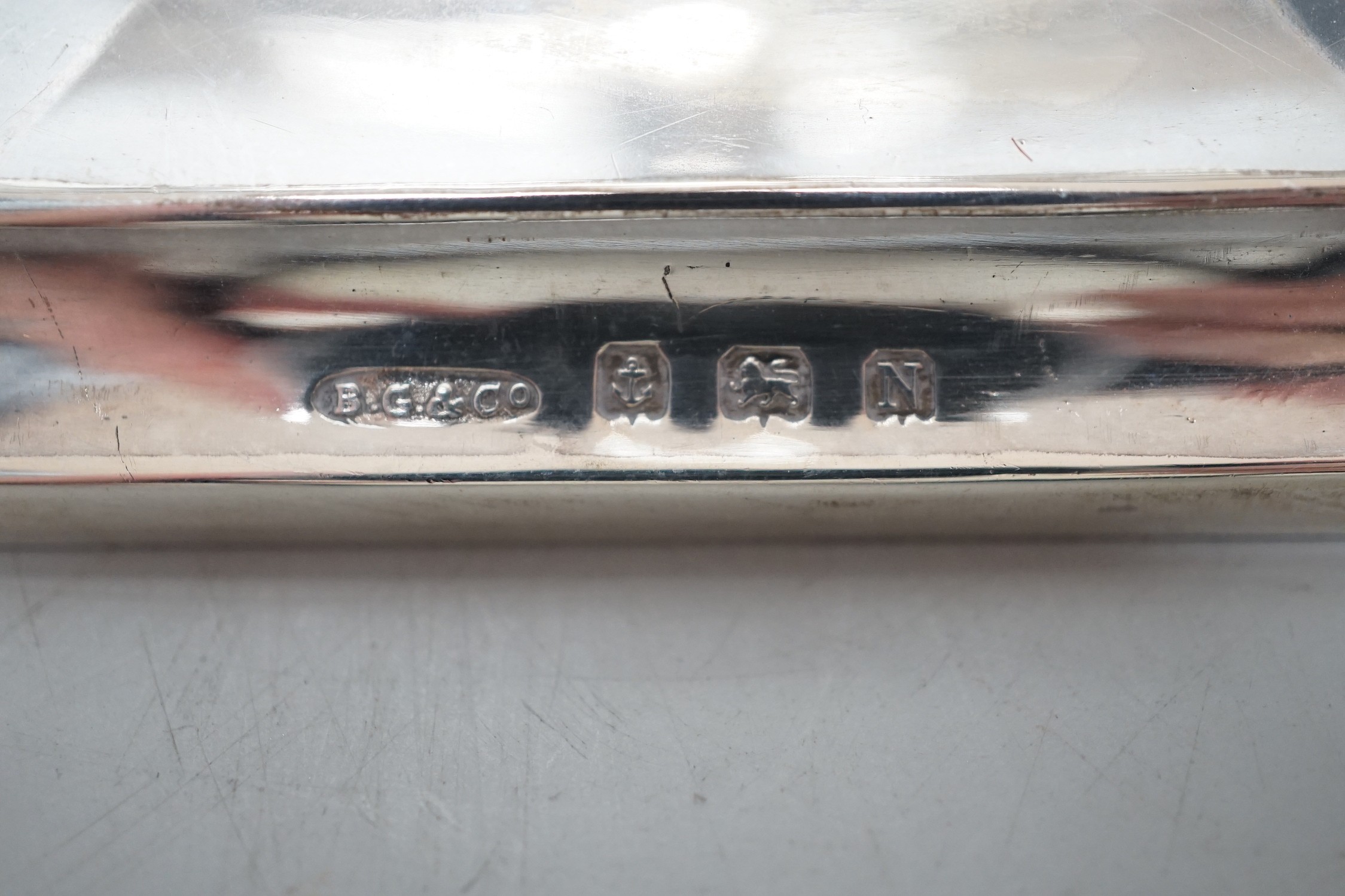 A George V silver Hanukah Menorah, Britton, Gould & Co, Birmingham, 1937, height 23.cm, 7.7oz.